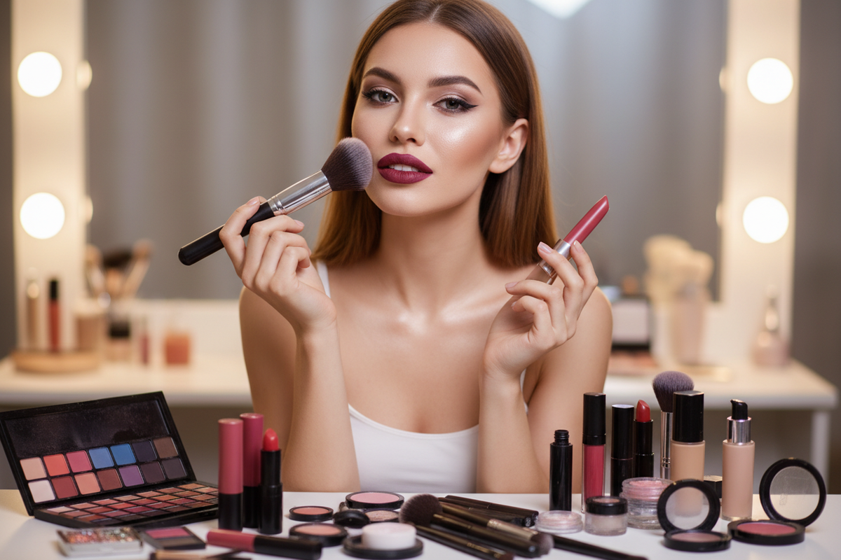 Vrouw met make-up producten